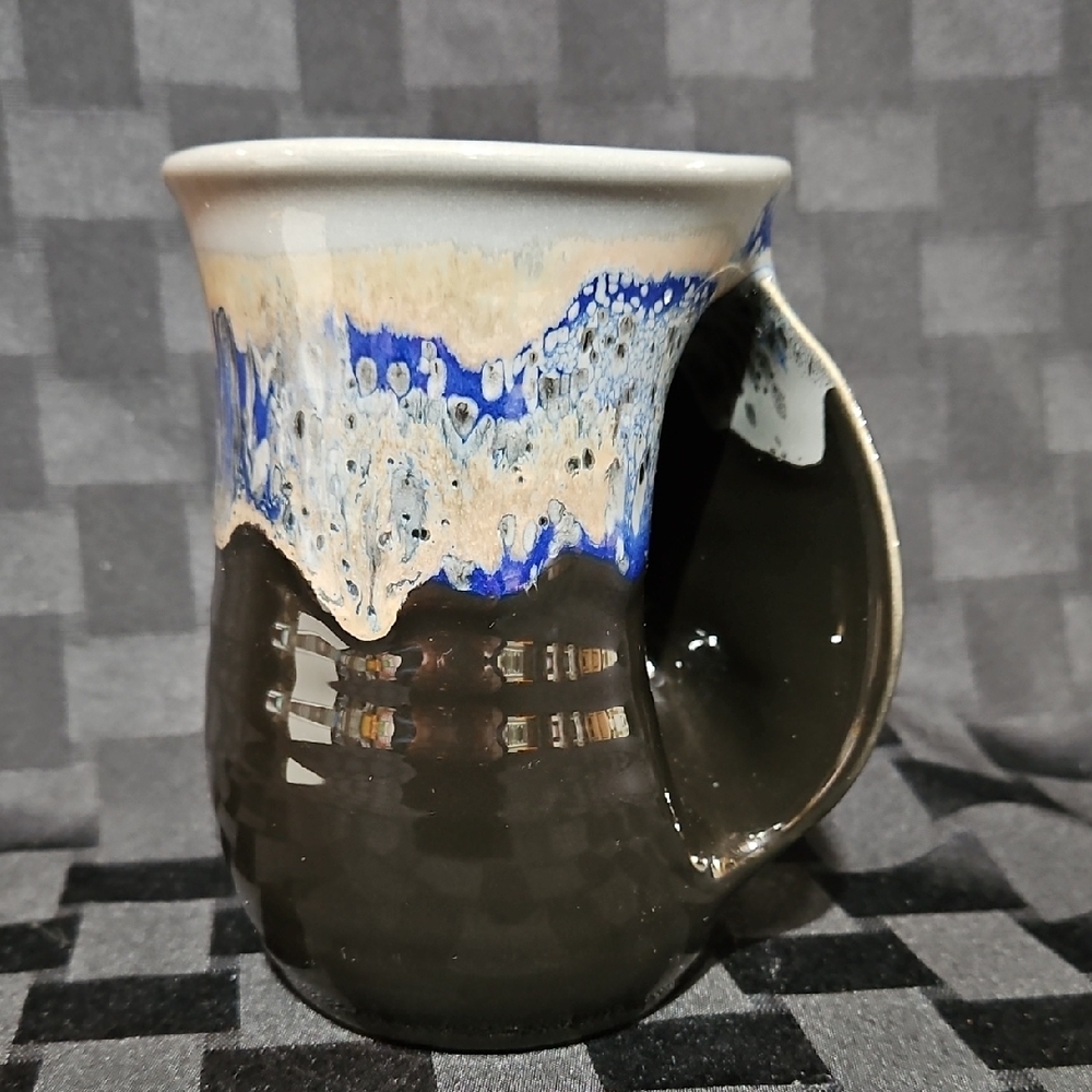 Neher Pottery Signed Hand Warmer Snug Mug Blue & Brown Drip Glaze Stoneware